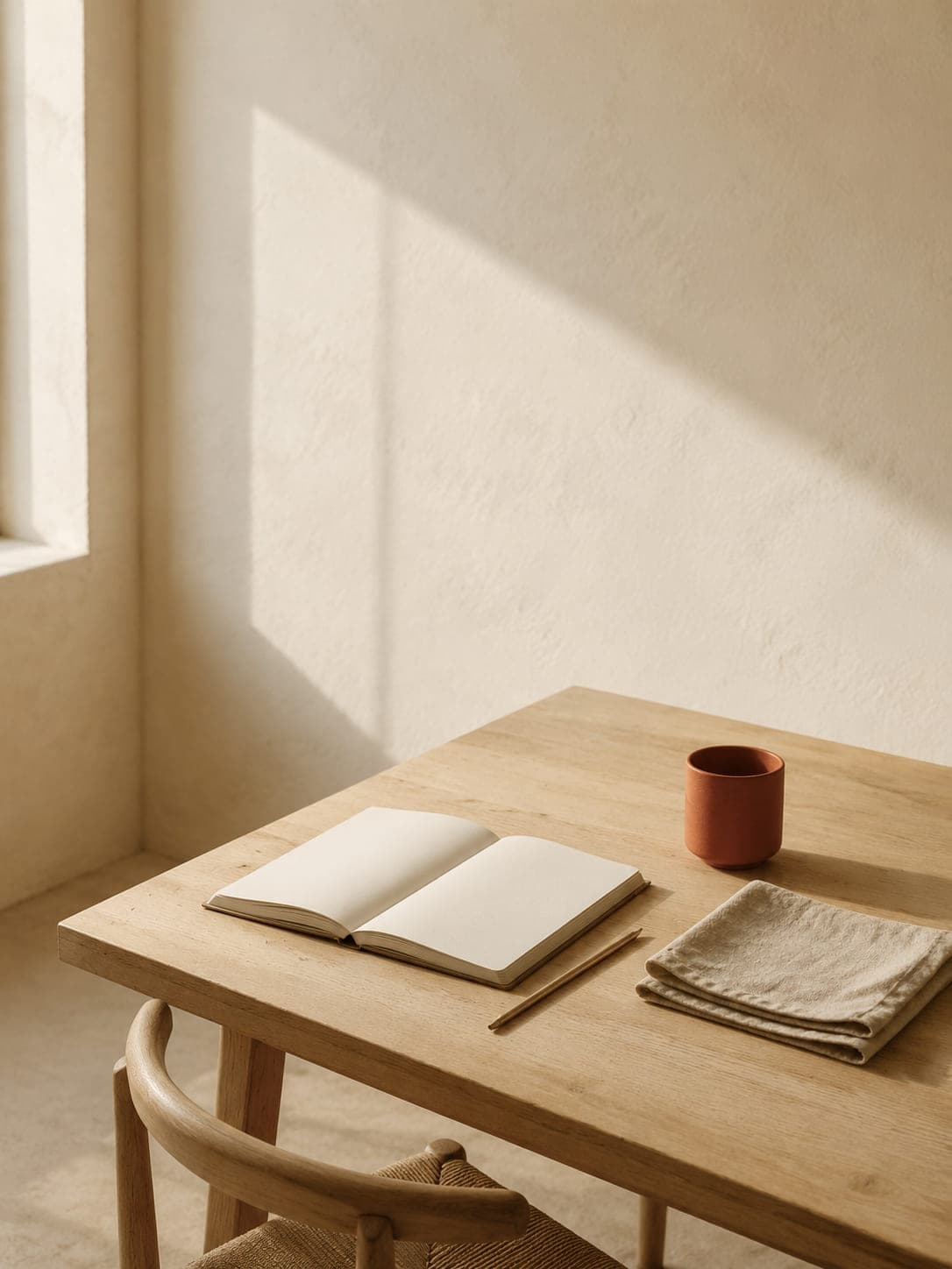 Le plan de travail du studio : un carnet ouvert, un crayon et une tasse en céramique, éclairés par la fenêtre.