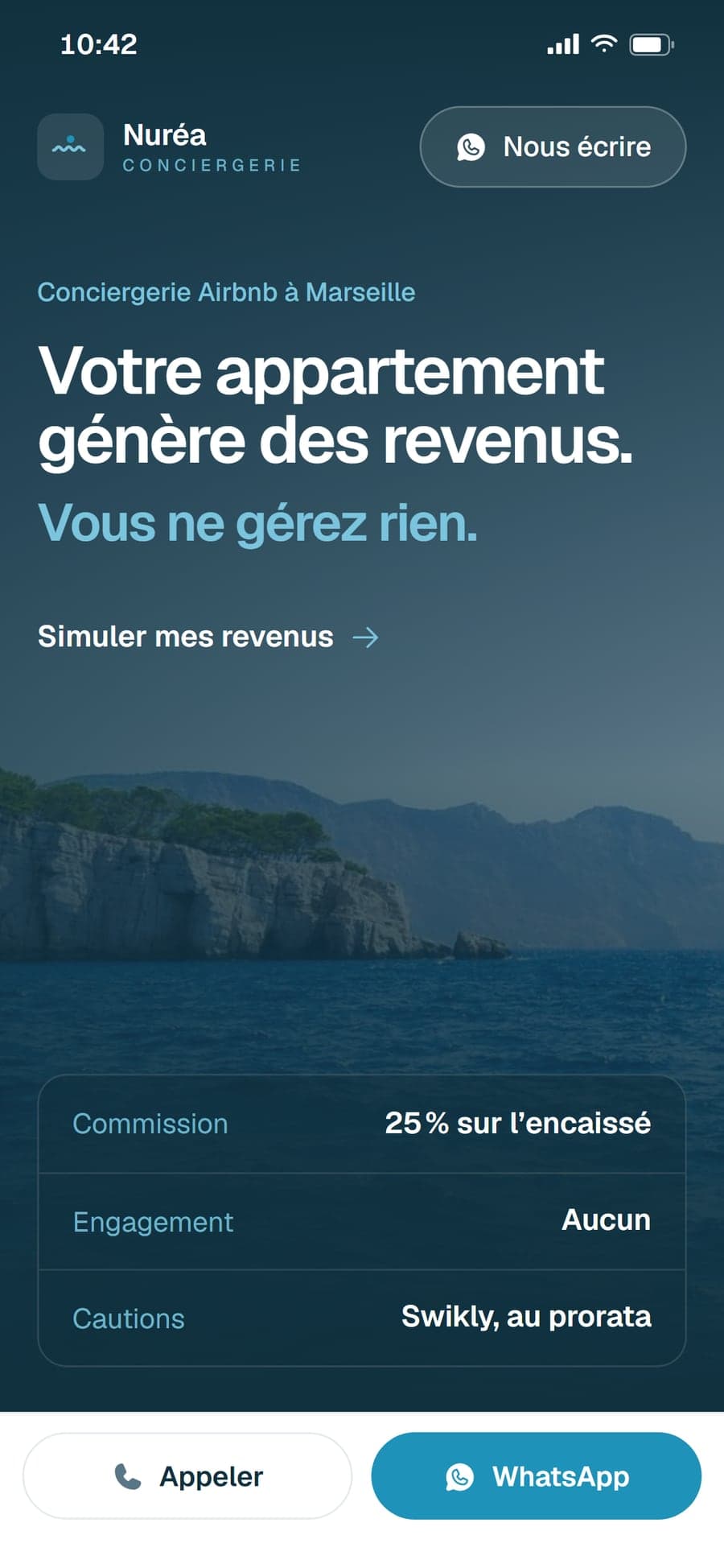 L’accueil du site sur téléphone : les calanques, le titre, les trois conditions et la barre Appeler / WhatsApp.
