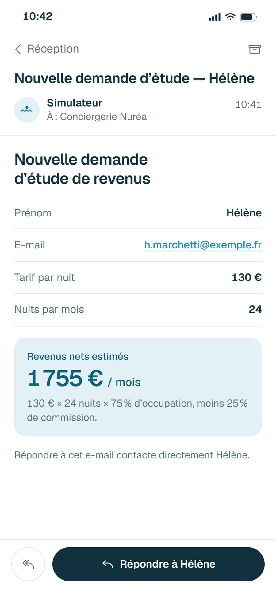 L’e-mail reçu par la conciergerie : le prénom et l’e-mail de la propriétaire, 130 € par nuit, 24 nuits par mois, 1 755 € nets estimés avec leur calcul, et le bouton pour lui répondre directement.
