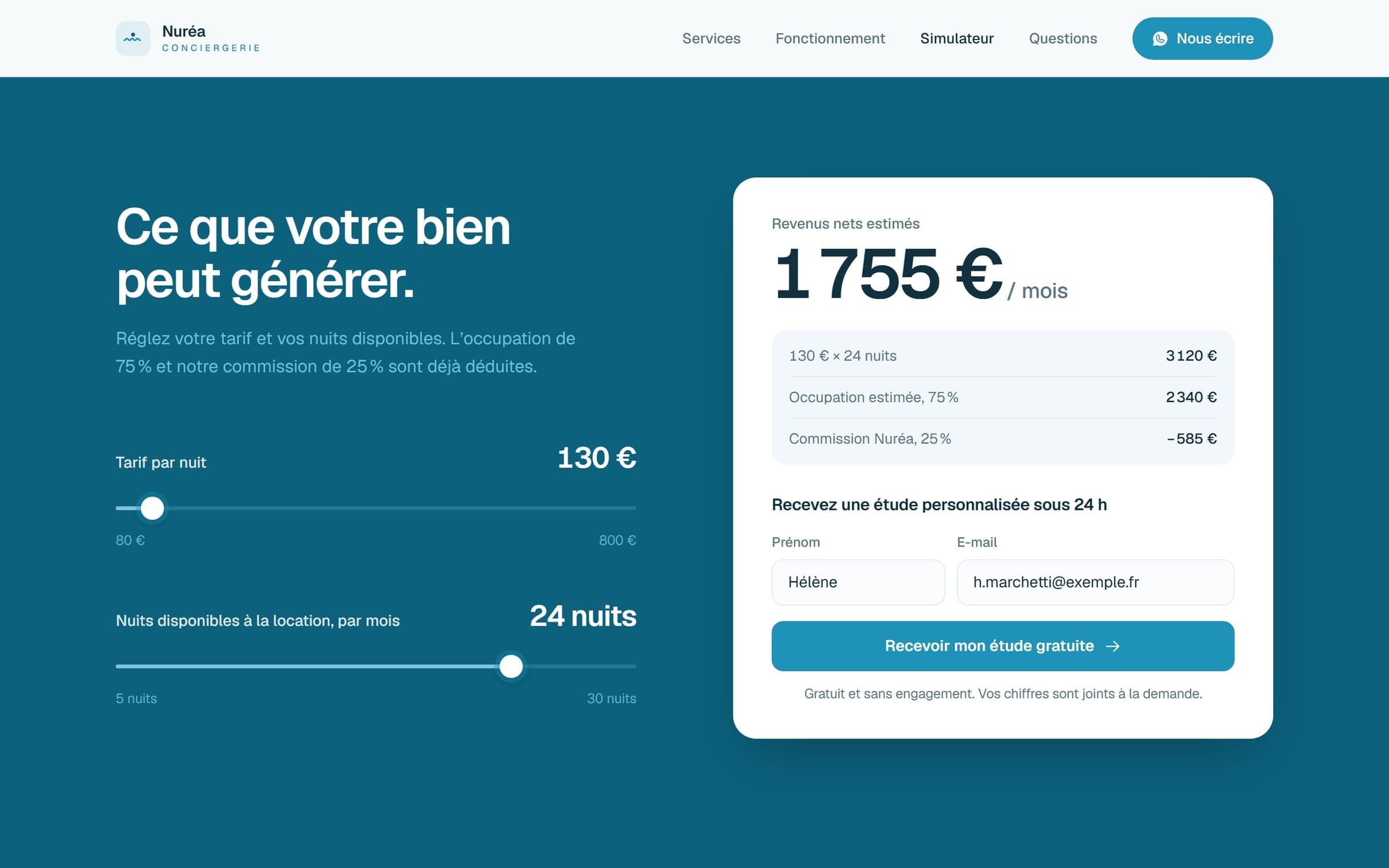 Le simulateur de revenus sur fond bleu profond : curseurs du tarif par nuit et des nuits disponibles, carte blanche avec 1 755 € nets par mois, le détail du calcul et le formulaire de demande d’étude.