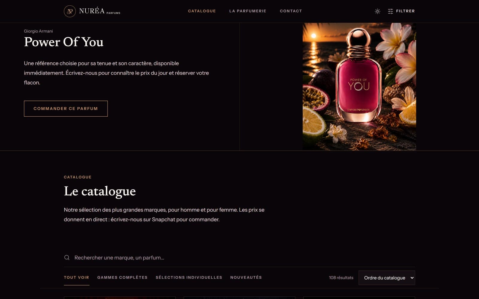 Le catalogue Nuréa : une fiche produit en haut, puis la recherche, les filtres et le compteur de 108 résultats.