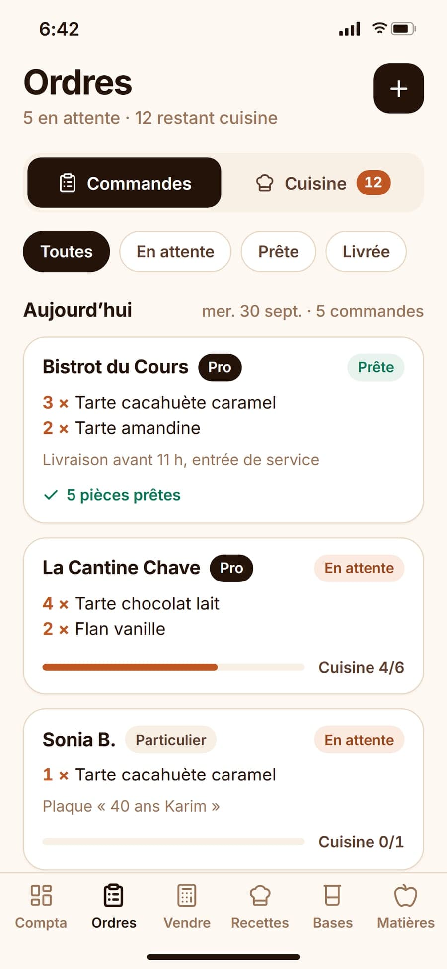 Les commandes du mercredi 30 septembre : restaurants et particuliers, leurs desserts, leurs notes de livraison, leur statut et leur avancement en cuisine.