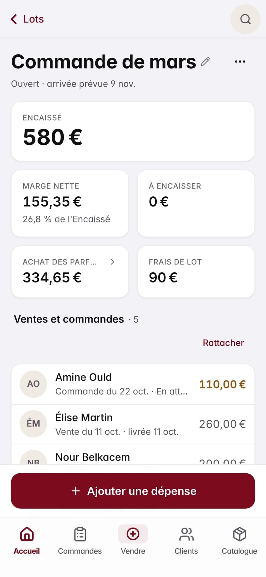 Un lot d’achat dans la gestion : 580 € encaissés, 155,35 € de marge nette, le coût d’achat des parfums, les frais du lot et les ventes qui y sont rattachées.